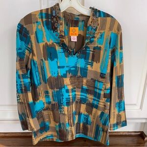 Ruby Rd. Blue and Brown Abstract Blouse